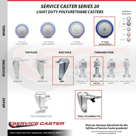 Service Caster 5 Inch Blue Polyurethane Swivel 3/8 Inch Stem Caster with Total Lock Brake SCC SCC-TSTTL20S514-PPUB-BLUE-381615
